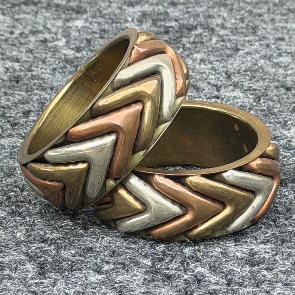 Vintage Tricolor Mixed Metal Napkin Rings 2 Chevron Boho Gold Copper Silver Tone